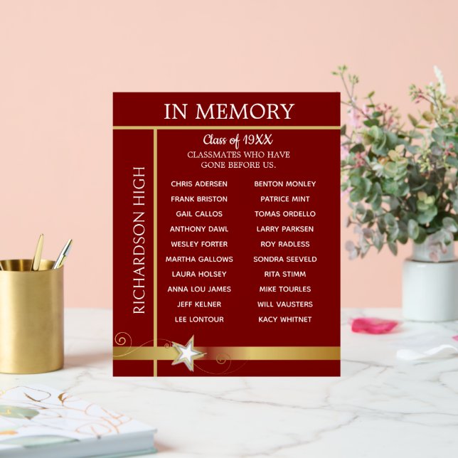 In Memory. Class Reunion Tribute Board Acrylic Sign (Wedding)