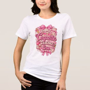 In My Coquette Teacher Era Pink Bow Retro Groovy Tri-Blend Shirt