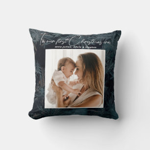 In My Era Our First Christmas Pine Snow Black Throw Pillow