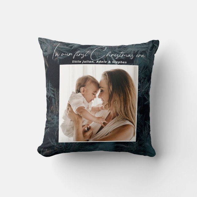 In My Era Our First Christmas Pine Snow Black Throw Pillow (Front)