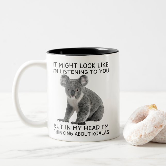In My Head I'm Thinking About Koalas Funny Two-Tone Coffee Mug (With Donut)