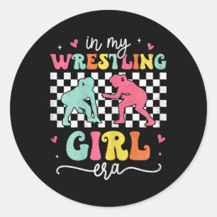 In My Wrestling Girl Era Groovy Retro Proud Wrestl Classic Round Sticker