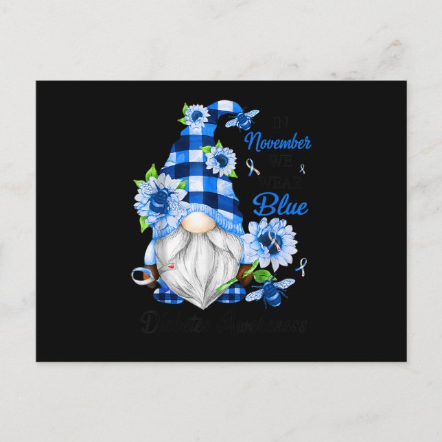 In November We Wear Blue Gnome Diabetes Awareness. Invitation Postcard (Front)