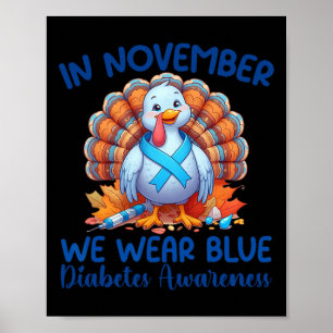 In November We Wear Blue Turkey Thankful Diabetes Poster