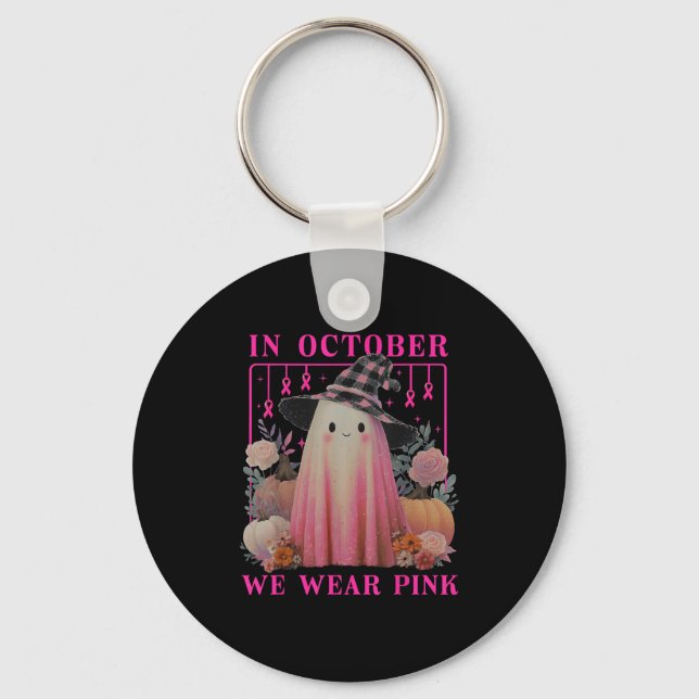 In October We Wear Nk Ghost Halloween Breast Cance Keychain (Front)