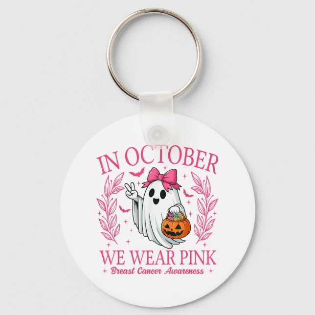 In October We Wear Nk Halloween Breast Cancer Awar Keychain (Front)