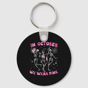 In October We Wear Nk Halloween Breast Cancer Skel Keychain