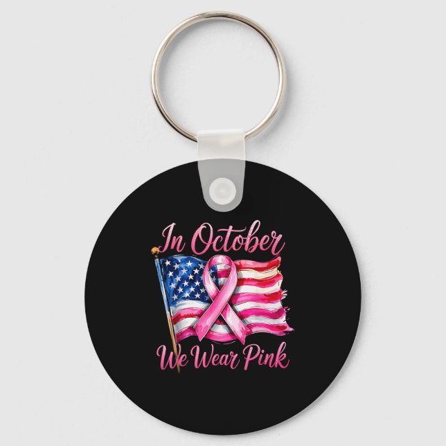 In October We Wear Nk Ribbon 2025 Breast Cancer Aw Keychain (Front)