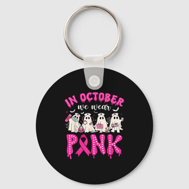In October We Wear Nk Ribbon Ghost Nurse Halloween Keychain (Front)