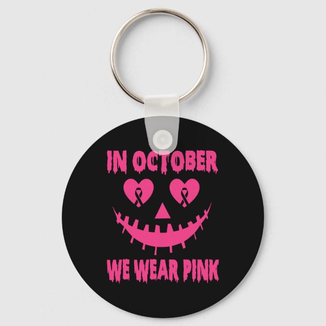 In October We Wear Pink Breast Cancer Halloween Pu Keychain (Front)