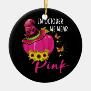 In October We Wear Pink Breast Cancer Pink Pumpkin Ceramic Ornament