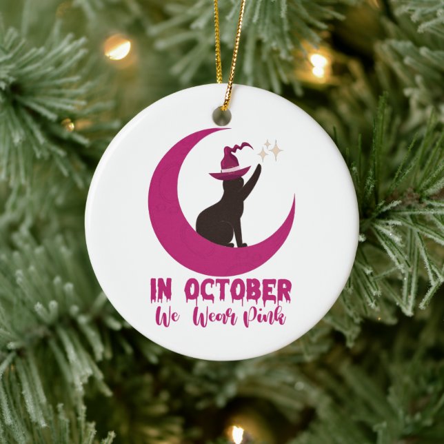In October We Wear Pink Cat Breast Cancer Awarenes Ceramic Ornament (Tree)