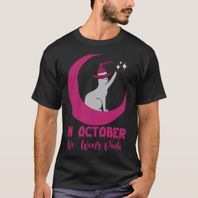 In October We Wear Pink Cat Breast Cancer Awarenes T-Shirt (Front)