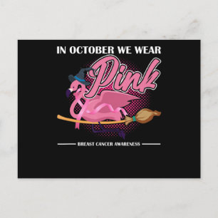 In October We Wear Pink Flamingo Riding Brush Announcement Postcard