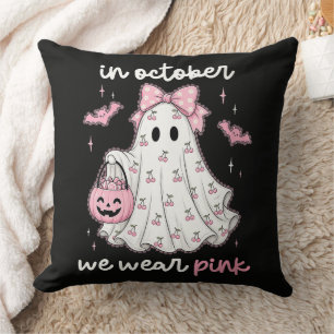 in October We Wear Pink Ghost Halloween Throw Pillow
