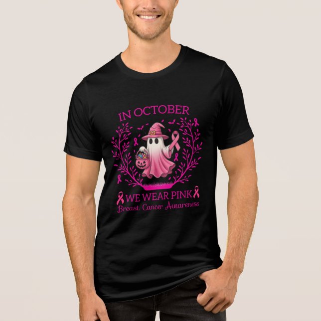 In October We Wear Pink Ghost Witch Breast Cancer  Tri-Blend Shirt (Front)