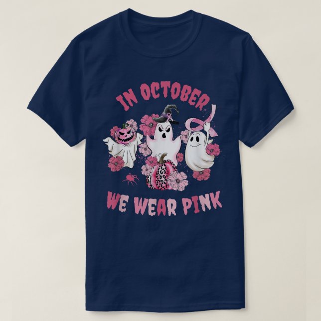 In October We Wear Pink Halloween Ghosts Leopard P T-Shirt (Design Front)