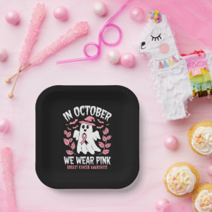 In October We Wear Pink Halloween Witch Paper Plate