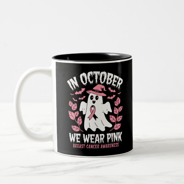 In October We Wear Pink Halloween Witch  Two-Tone Coffee Mug (Left)