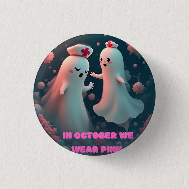 In October We Wear Pink Nurse Ghost Halloween 2025 1 Inch Round Button (Front)