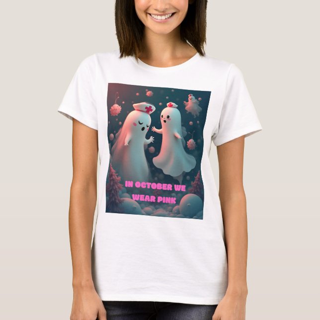 In October We Wear Pink Nurse Ghost Halloween 2025 T-Shirt (Front)