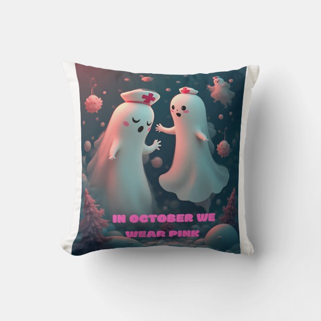 In October We Wear Pink Nurse Ghost Halloween 2025 Throw Pillow (Front)