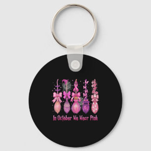 In October We Wear Pink Witch Broom Halloween Brea Keychain