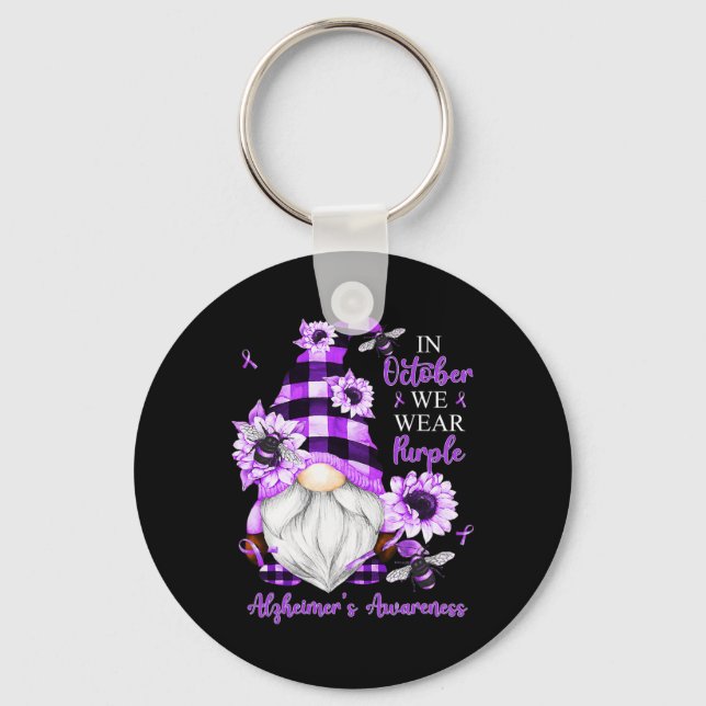 In October We Wear Purple Gnomes Alzheimer Awarene Keychain (Front)