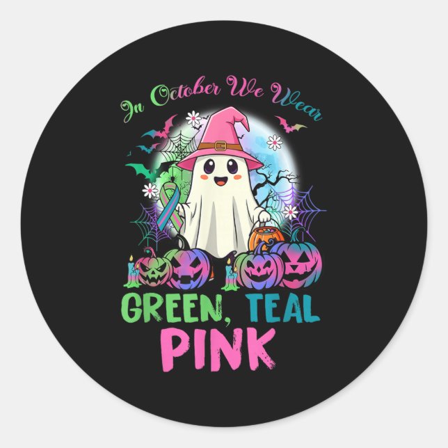 In October We Wear Teal Nk Halloween Metastatic Br Classic Round Sticker (Front)