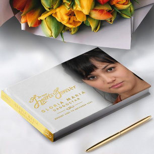In our hearts forever funeral photo white gold guest book