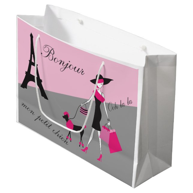 In Paris Woman and Dog Pink and Black Large Gift Bag (Front Angled)