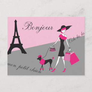 In Paris Woman and Dog Pink and Black Postcard