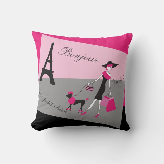 In Paris Woman and Dog Pink and Black Throw Pillow (Front)