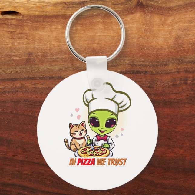 In Pizza We Trust Alien Chef Art Keychain (Front)