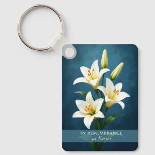 In Remembrance at Easter White Lilies on Blue Keychain