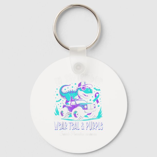 In September We Wear Teal And Purple T Rex Dinosau Keychain (Front)