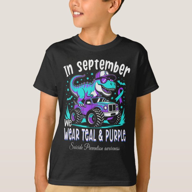 In September We Wear Teal And Purple T Rex Dinosau T-Shirt (Front)