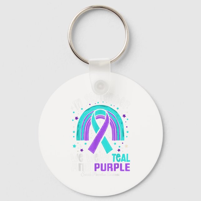 In September We Wear Teal Purple Ribbon Suicide Pr Keychain (Front)