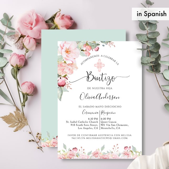 In Spanish Chic Baptism Rose Gold, Mint Floral Invitation (Creator Uploaded)