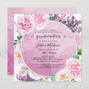 In Spanish, Elegant Fuchsia Floral Quinceañera Invitation