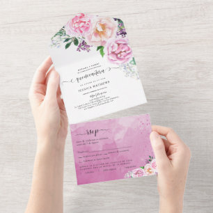 in Spanish, Elegant Fuchsia, Hot Pink Quinceañera  All In One Invitation