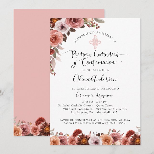In Spanish, First Communion & Confirmation Floral Invitation (Front/Back)