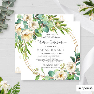 In Spanish, First Communion White Floral Greenery  Invitation
