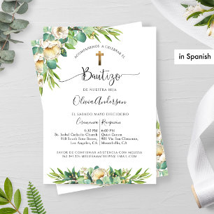In Spanish, Greenery, White Yellow Floral Baptism Invitation