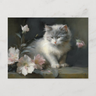 In The Company Of Flowers Grey and White Kitten Postcard