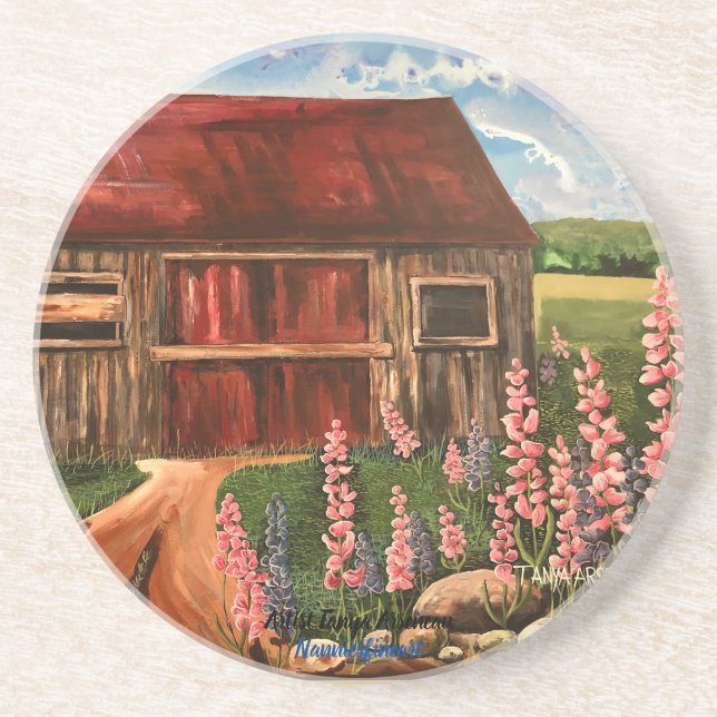 In the Field Rustic cottage scene flowers Coaster (Front)