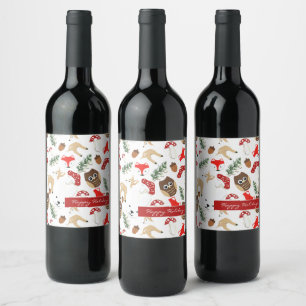 In the Forest Christmas Holidays Pattern Wine Label