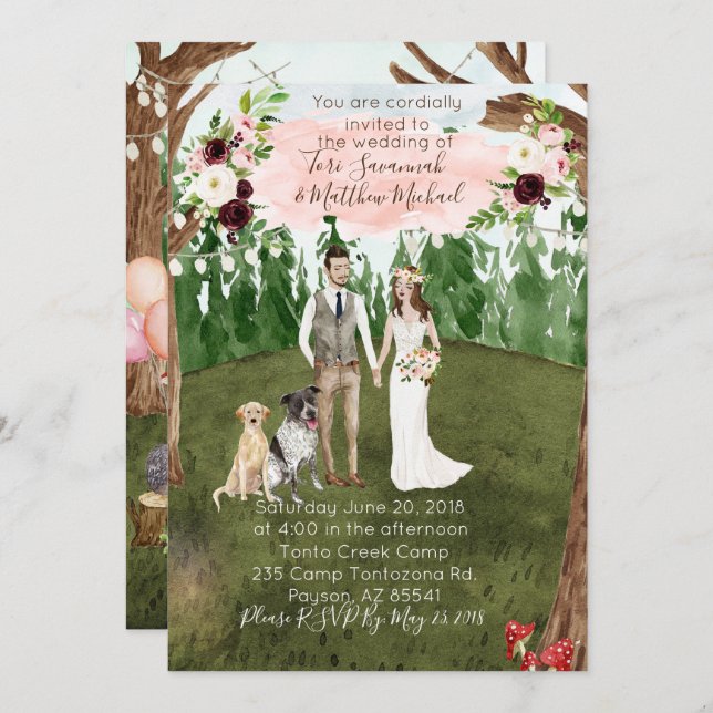 In The Forest Wedding Invitation with Dog-2 dogs (Front/Back)
