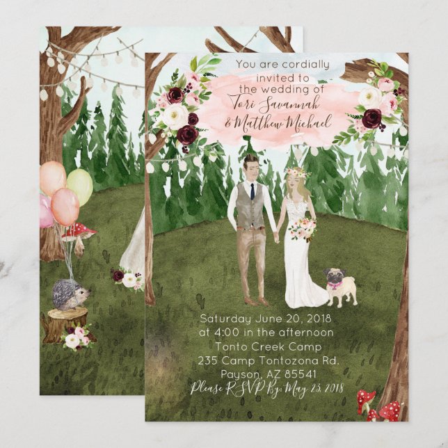 In The Forest Wedding Invitation - With Pet Pug (Front/Back)