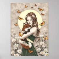In the garden girl with fox and butterflies